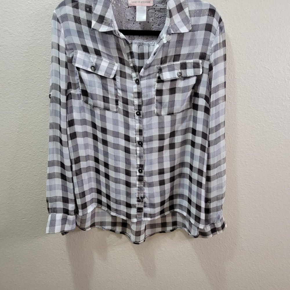 Band of Gypsies Sheer Button Down Long Sleeve Shirt Size Small Lace Back - Picture 6 of 12